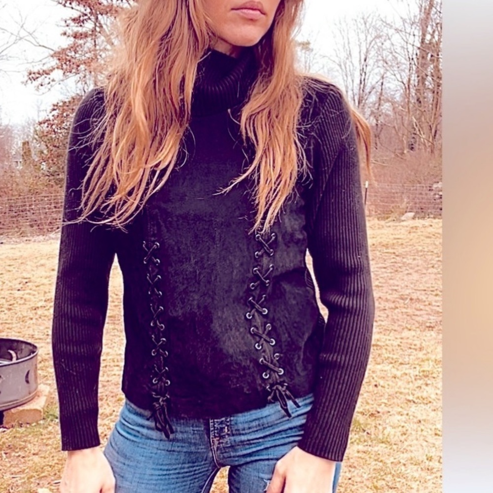 Free people suede Western corset top turtleneck  blouse leather lace up black M